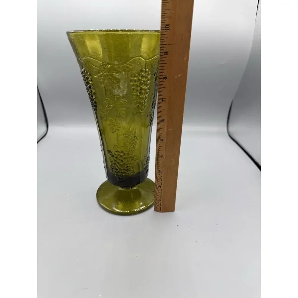 Vintage Green Depression Glass Grape Vine Footed Vase Art Glass